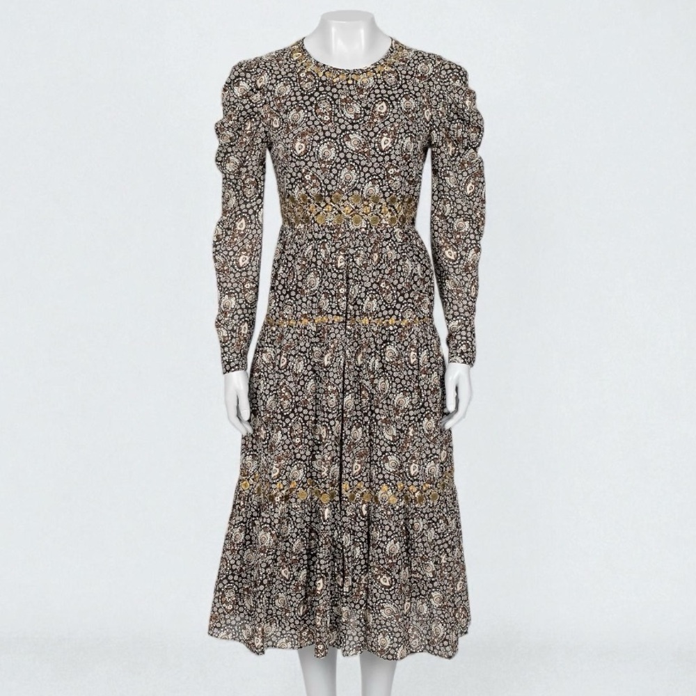 Michael Kors Brown Gold Coin Paisley Long-Sleeve Dress Size 2